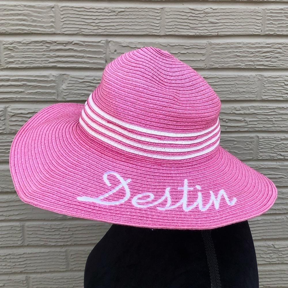 Destin Pink & White Paper Straw Wide Brim Floppy Sun Hat OS